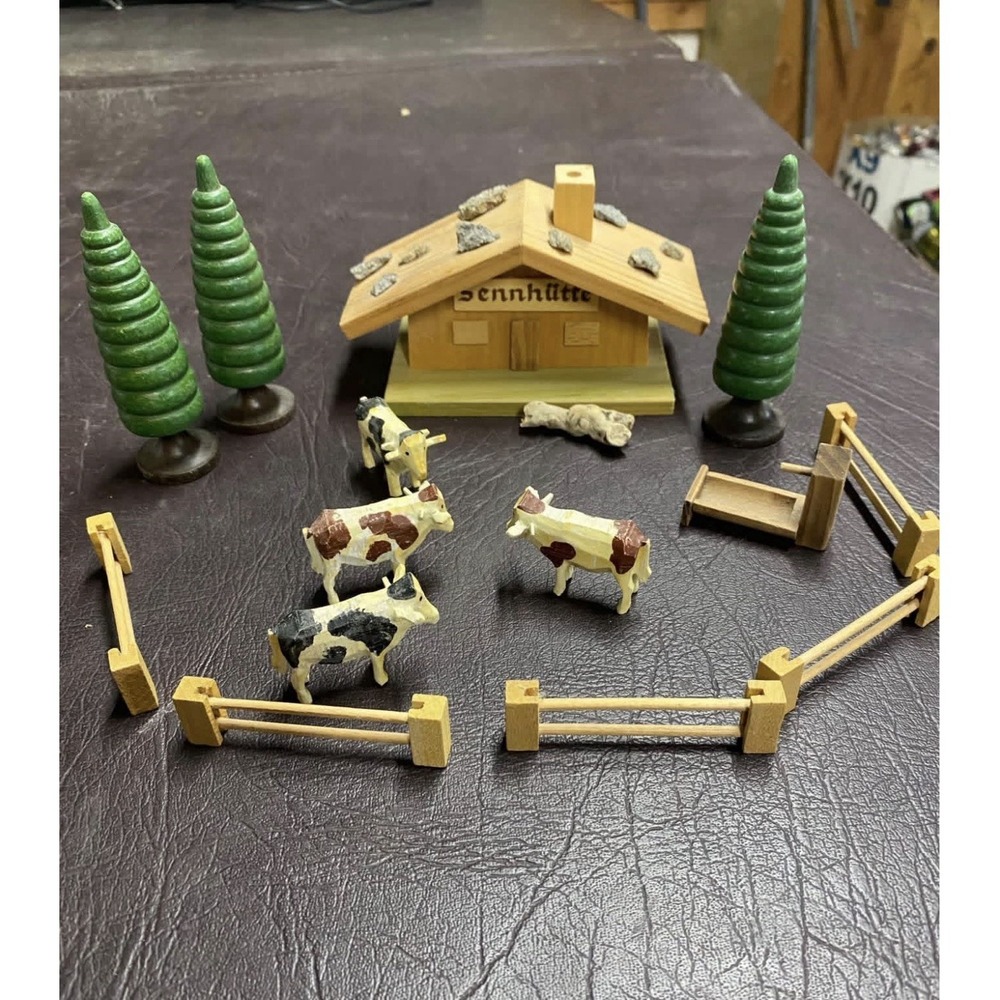 Antique German Putz Village Vintage Erzgebirge Mini Litho House Cows Trees Fence